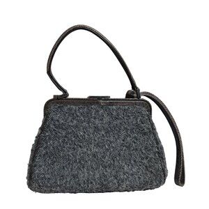 Ferre Vintage Italian Wool & Leather Handbag With Shoulder Strap Gray